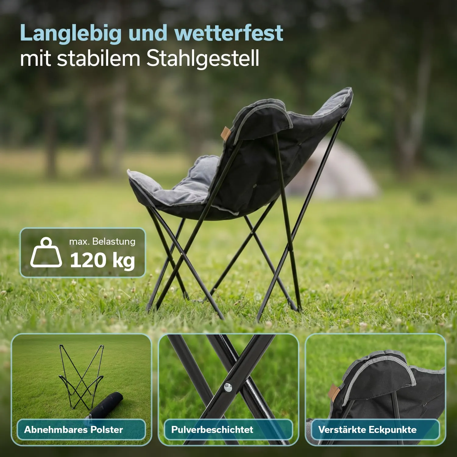 Faltstuhl mit stabilem Stahlgestell und abnehmbarem Polster, auf einem grünen Rasen im Freien.