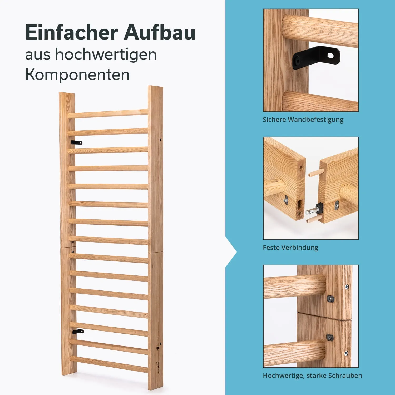Ein Klettergerüst aus Holz mit senkrechten und horizontalen Leisten. Neben dem Gerüst sind Details zu Wandbefestigung und Verbindungen dargestellt.