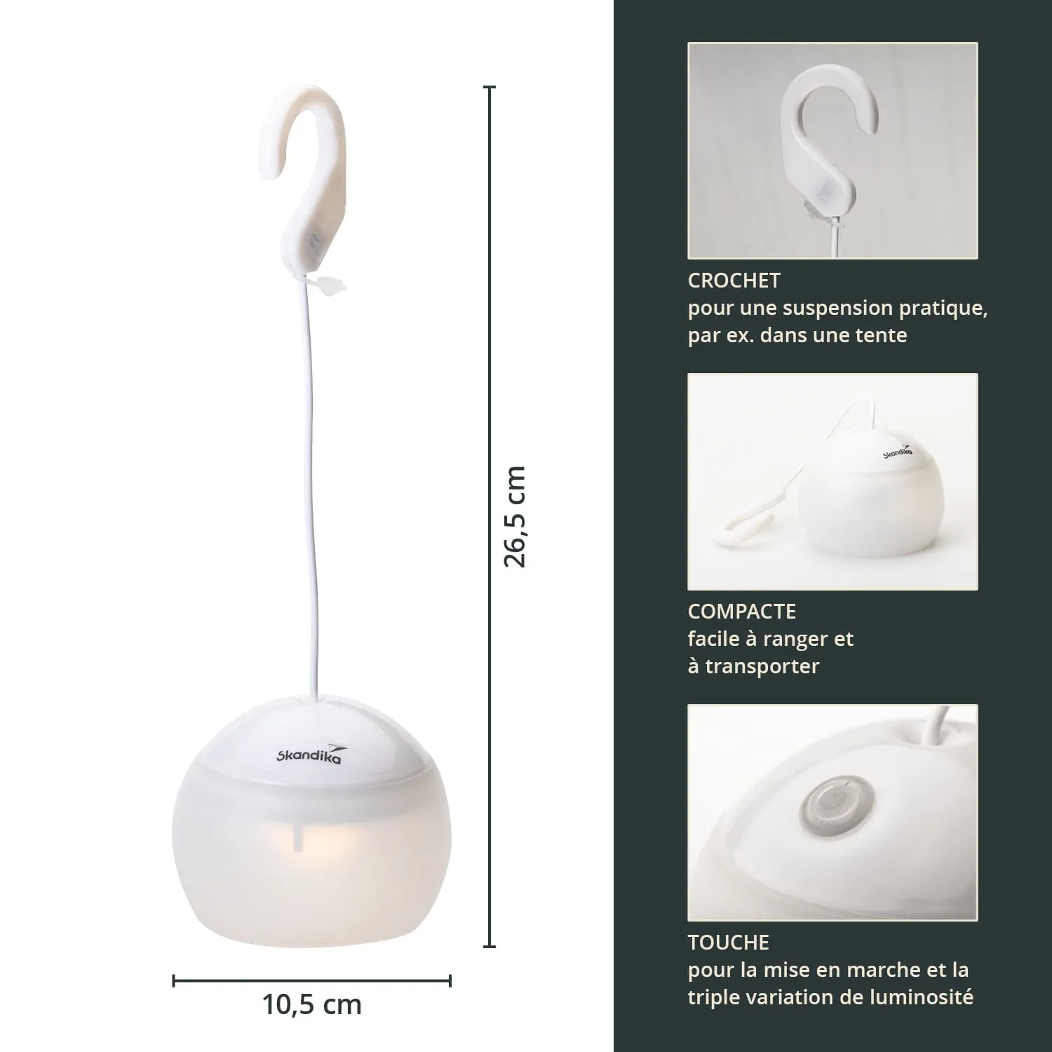 Hängelampe mit einem runden, weißen Gehäuse und einem Aufhänger. Maße: 26,5 cm hoch, 10,5 cm Durchmesser.
