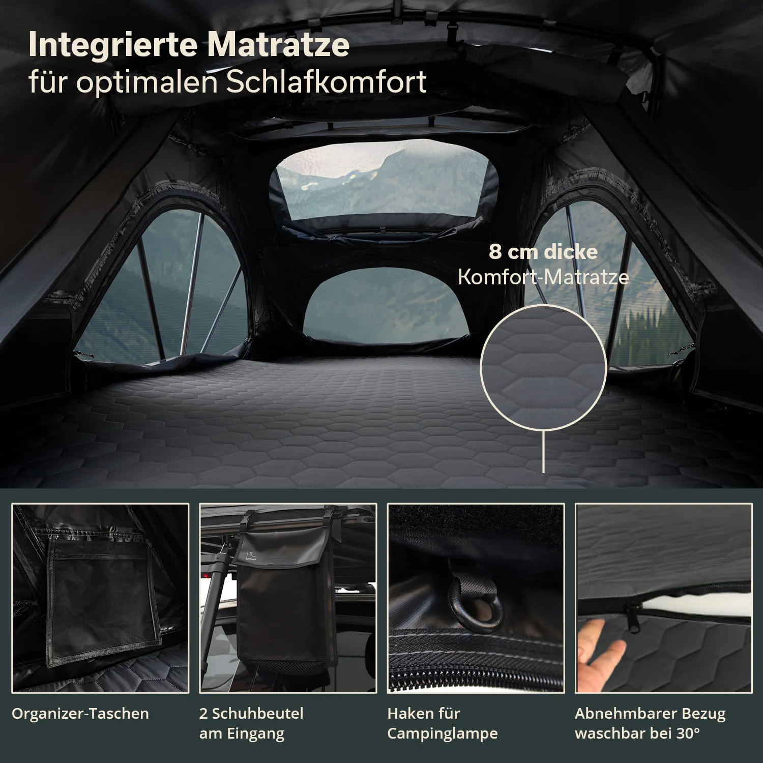 Innensicht eines Zeltes mit einer integrierten Matratze und zwei Fenstern. Unten sind zahlreiche Details abgebildet, wie Organizer-Taschen und Aufhängemöglichkeiten.