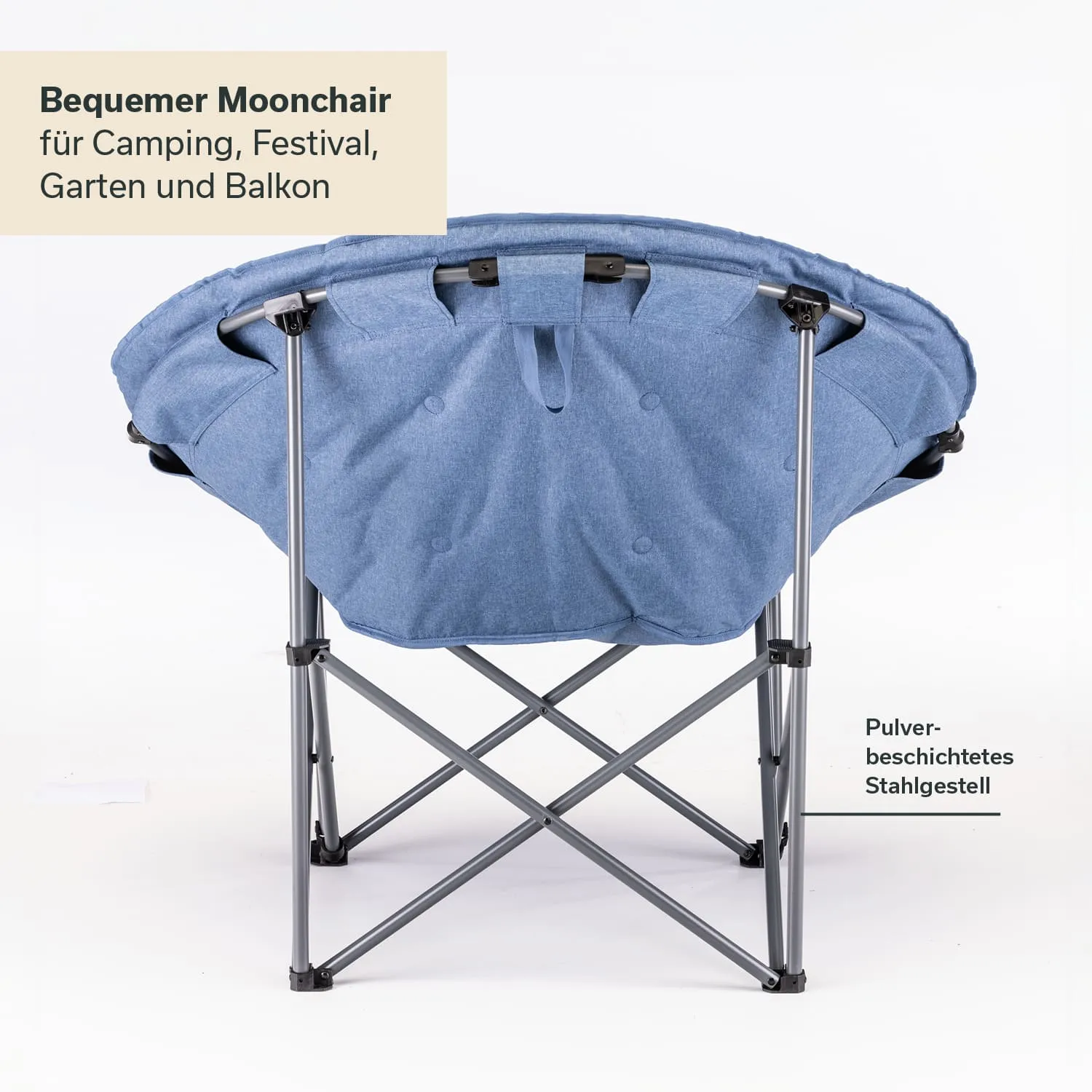 Bequemer Moonchair mit runder, blauer Polsterung und pulverbeschichtetem Stahlgestell. Unterseite mit stabilem, klappbarem Rahmen.