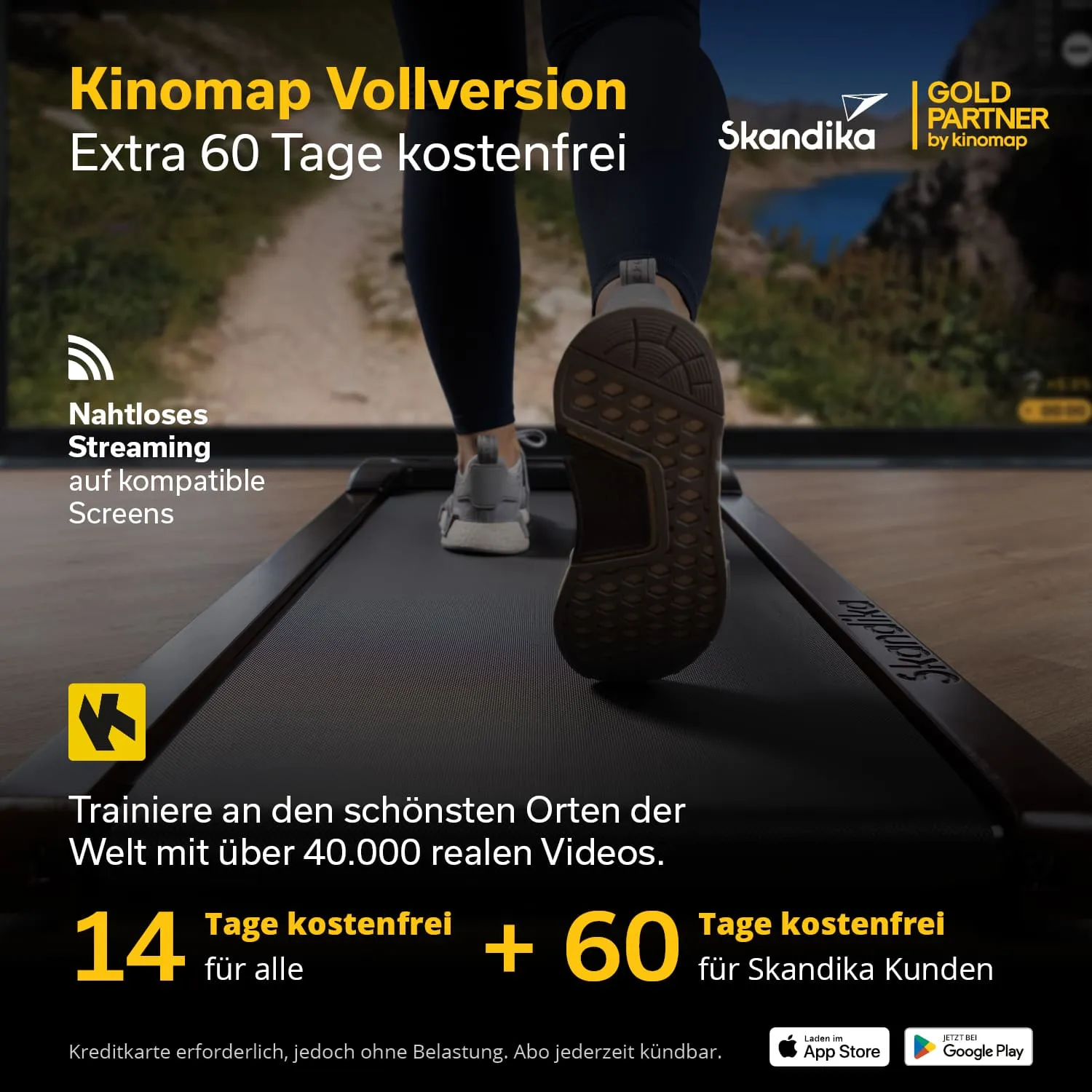 Bild mit Werbung für Kinomap Vollversion. Eine Person läuft auf einem Laufband, im Hintergrund ein Fernseher mit Landschaftsansicht. Text erwähnt kostenloses Streaming und Testangebote.