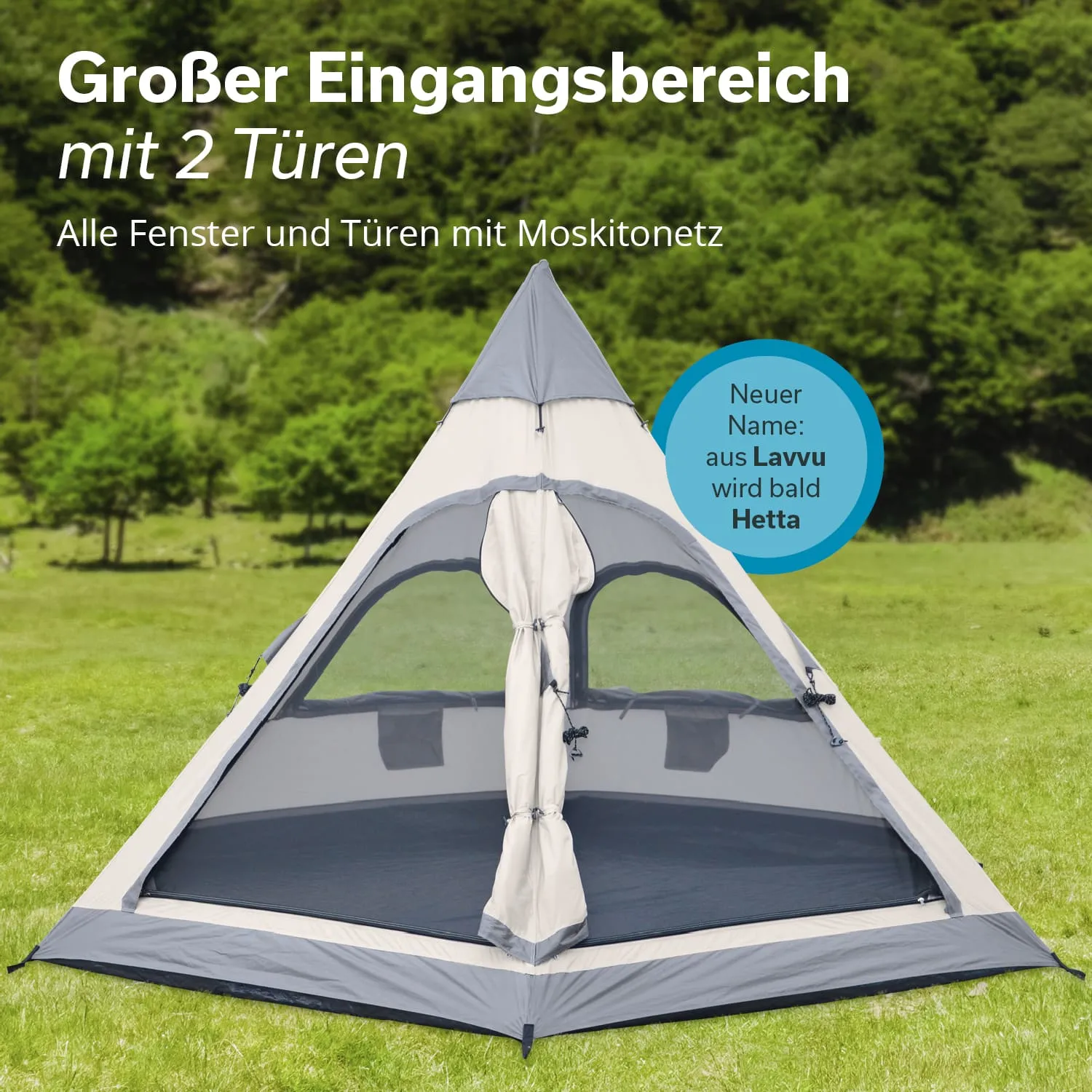 Zelt mit grauen und weißen Elementen, auf einer grünen Wiese, mit zwei Türen und Moskitonetzen. Hintergrund mit Bäumen.