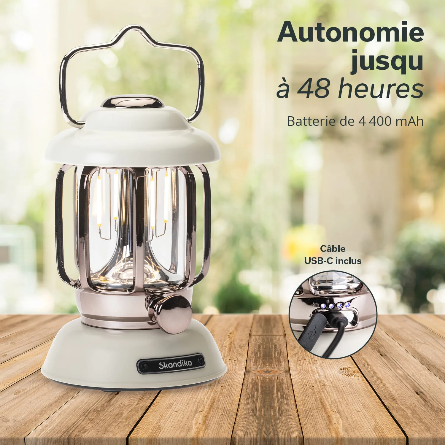 LED-Lampe mit einem weißen Gehäuse und einem silbernen Griff, auf einem Holztisch platziert. Im Hintergrund unscharfe Pflanzen.