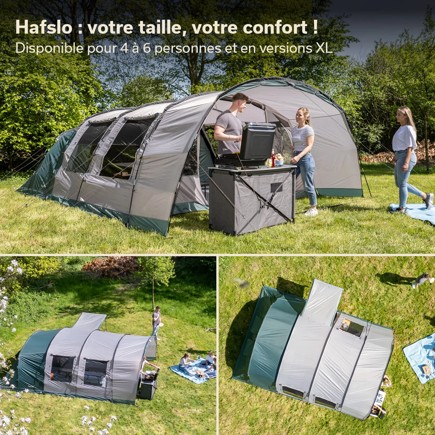 Öffentlich zugängliches Zelt auf Wiese mit mehreren Fenstern und einem Tischgrill. Personen stehen und sitzen in der Nähe.