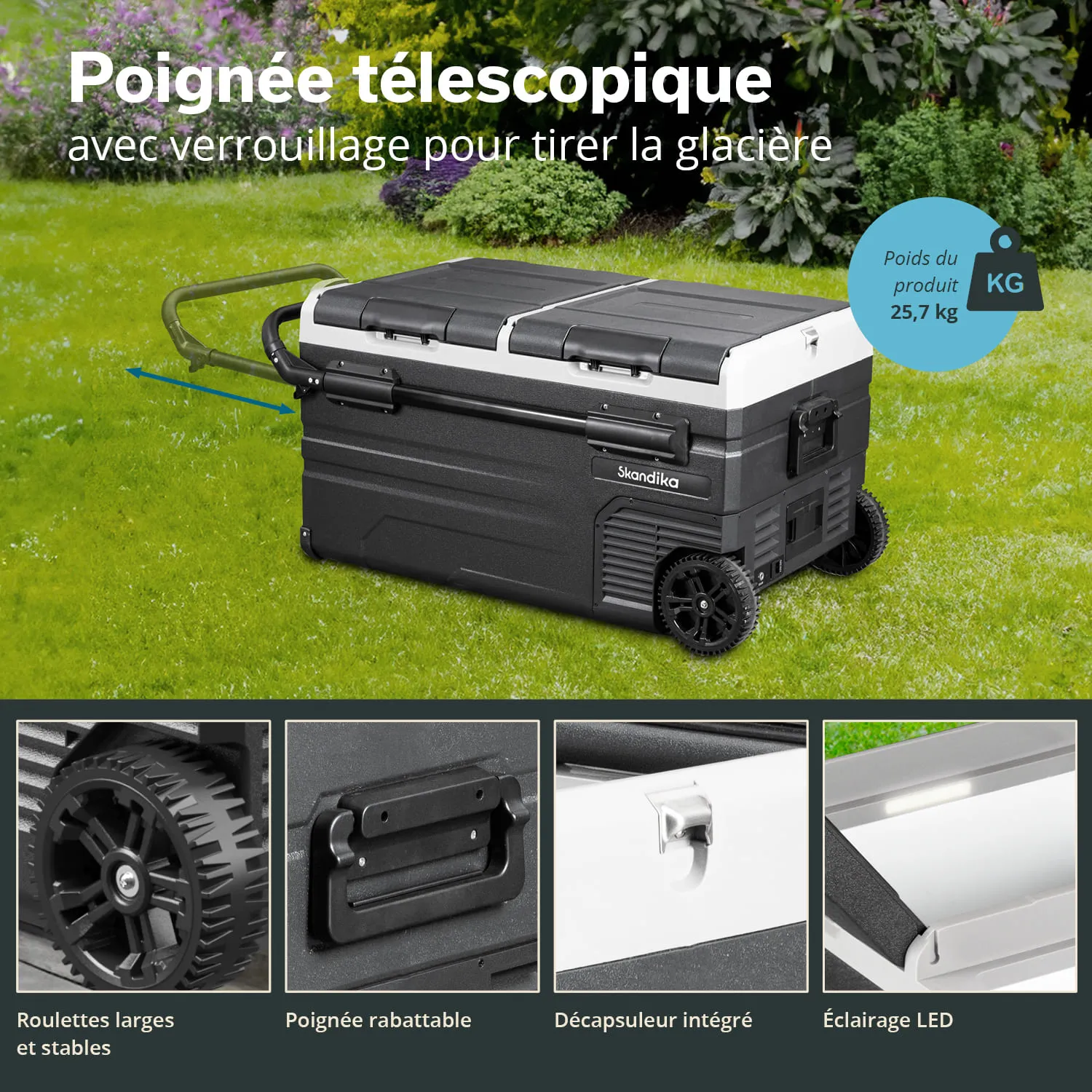 Kühlbox mit Teleskopfgriff und Verriegelung, auf einer grünen Wiese. Mit breiten Rädern, Klappgriff, integriertem Flaschenöffner und LED-Beleuchtung.