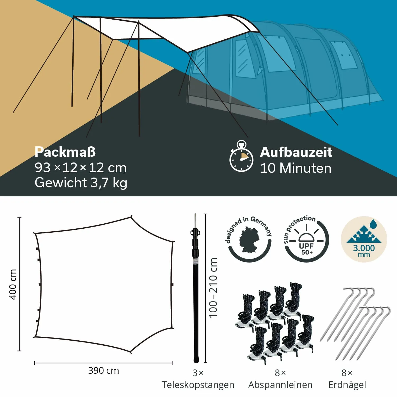 Zeltwand mit aufgespanntem Sonnensegel. Angaben zu Packmaß, Gewicht und Aufbauzeit. Diagramm mit Maßen, Stangen und Zubehör.