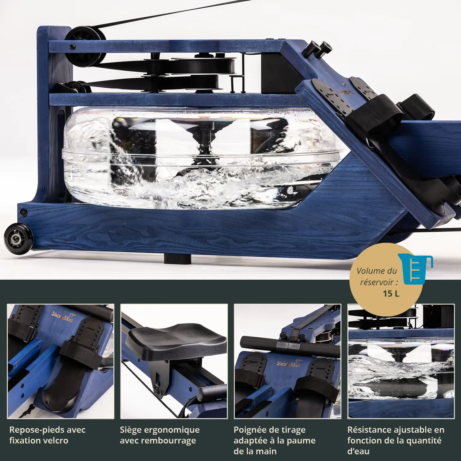 Wasser-Rudergerät in Holzoptik mit transparentem Wassertank. Ergonomischer Sitz, Fußstützen mit Klettverschluss.