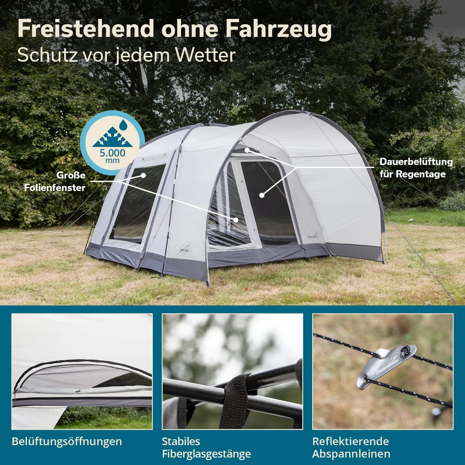 Ein freistehendes Zelt mit großen Folienfenstern steht auf einer Wiese. Elemente wie Belüftungsöffnungen und reflektierende Abspannleinen sind abgebildet.