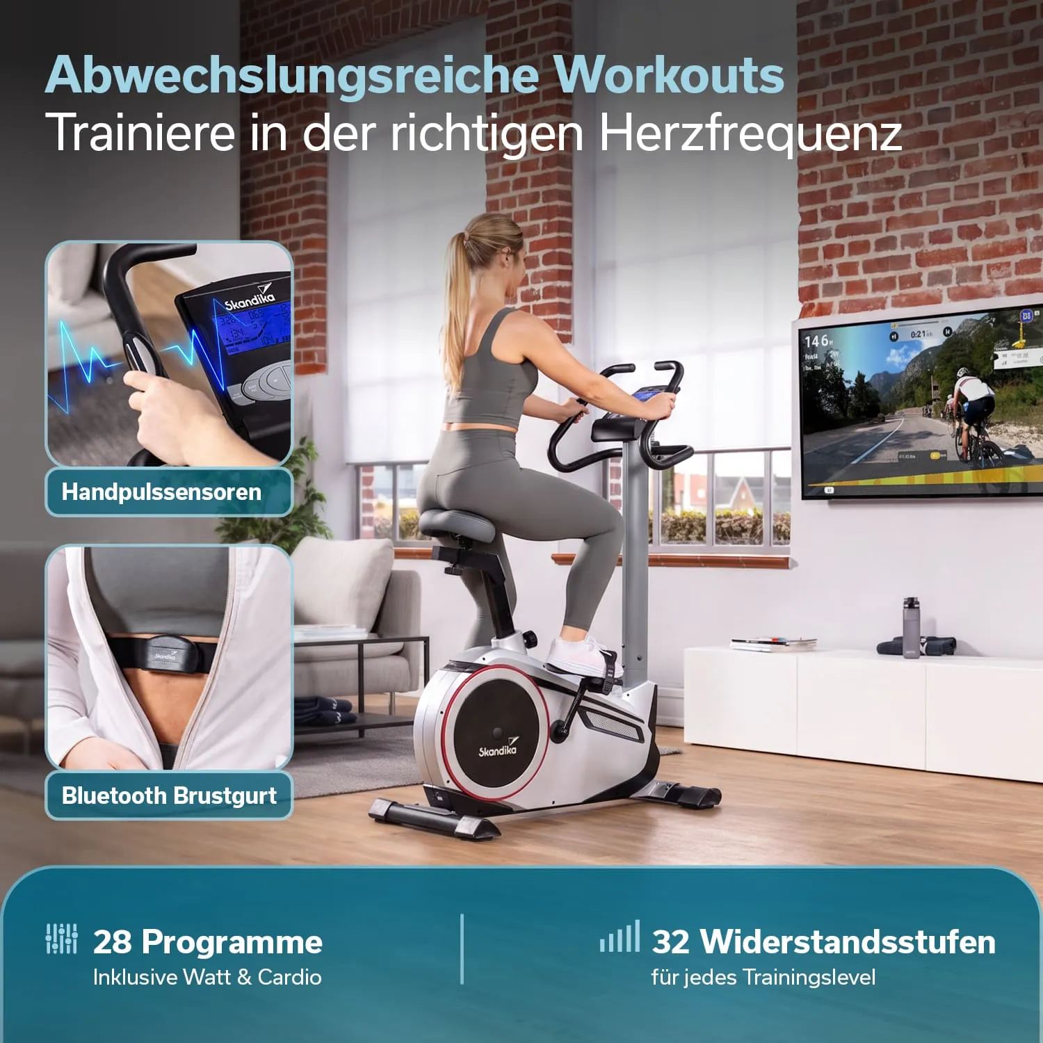 Mann auf einem Fitnessgerät mit Pulsuhr. Im Hintergrund Auszeichnungen und Informationen zum Gerät. Brustgurt sichtbar.