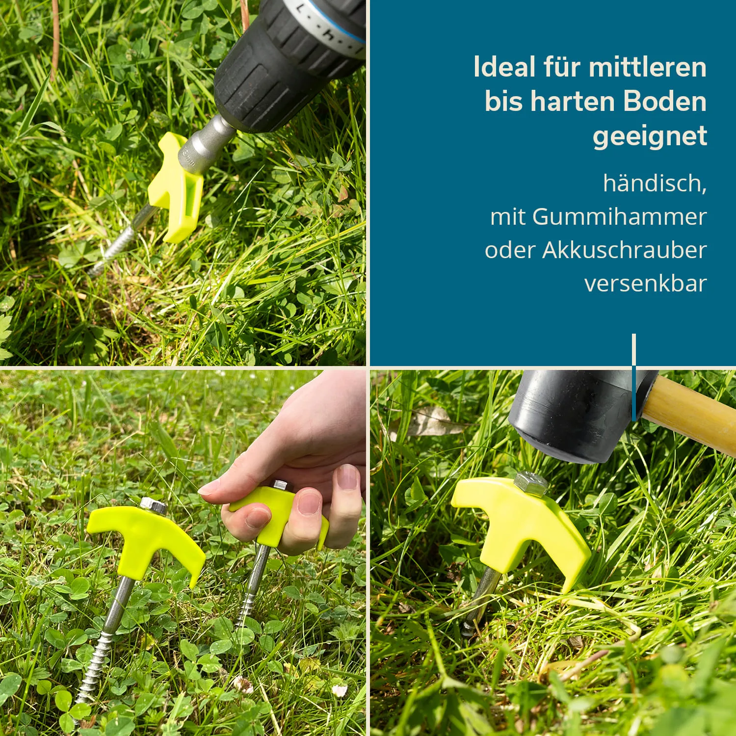 Drei Bilder zeigen ein Gartenwerkzeug mit gelbem Griff und einer Schraube. Es wird in Gras verwendet, einmal mit einem Akkuschrauber, einmal mit einem Gummihammer.