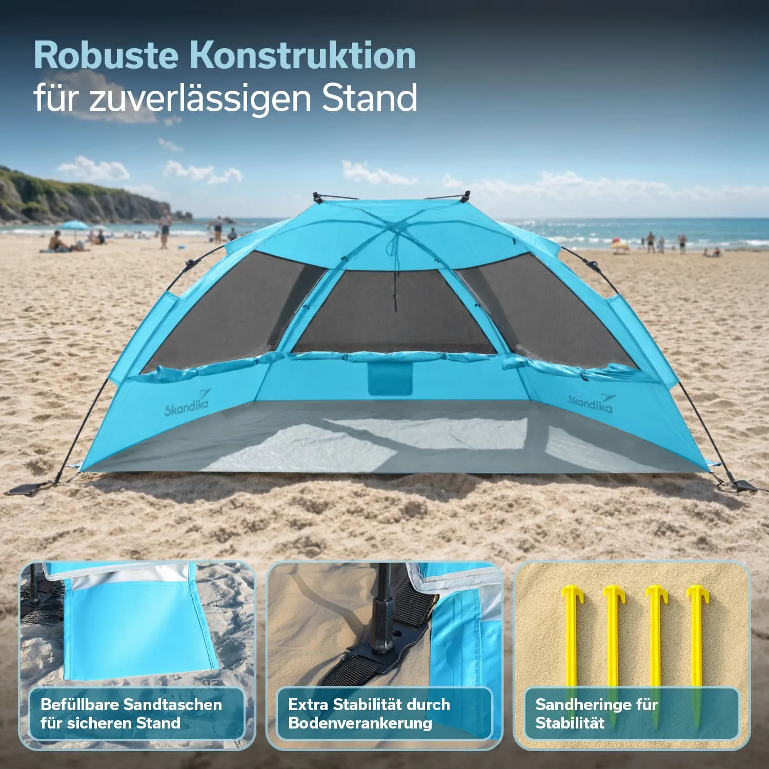 Eine blaue Tragetasche mit Griff liegt auf sandigem Untergrund. Daneben befinden sich vier gelbe Sand-Heringe. Maße und Produktgewicht sind angegeben.