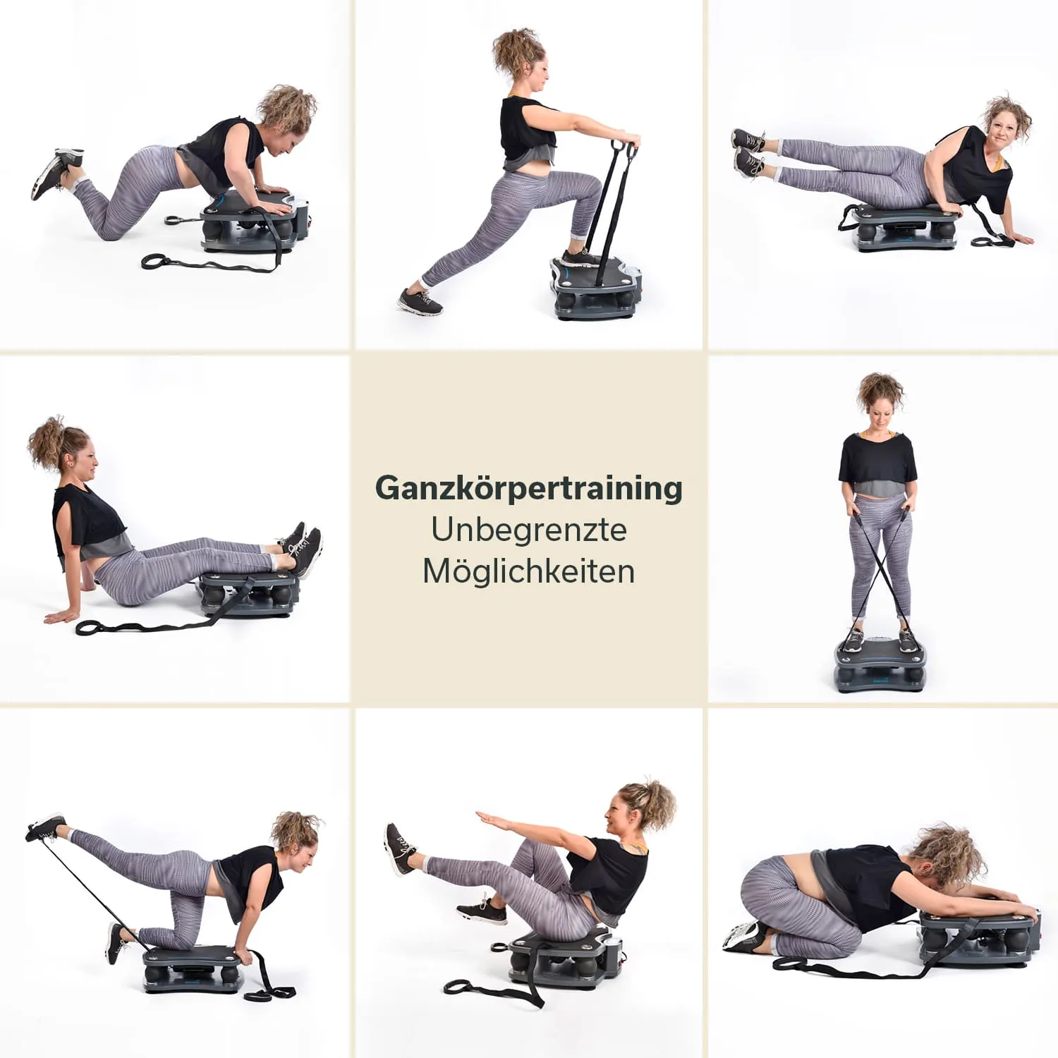 Fitnessgerät für Ganzkörpertraining mit einer Person in sechs verschiedenen Übungen in einem 3x2 Raster angeordnet.