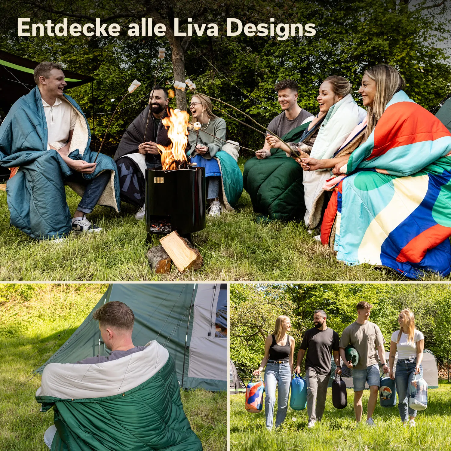 Sechs Personen sitzend um ein Feuer, in Decken gehüllt. Zwei Personen grillen Marshmallows. Unten: eine Person in einem Zelt, zwei Gruppen mit Taschen.