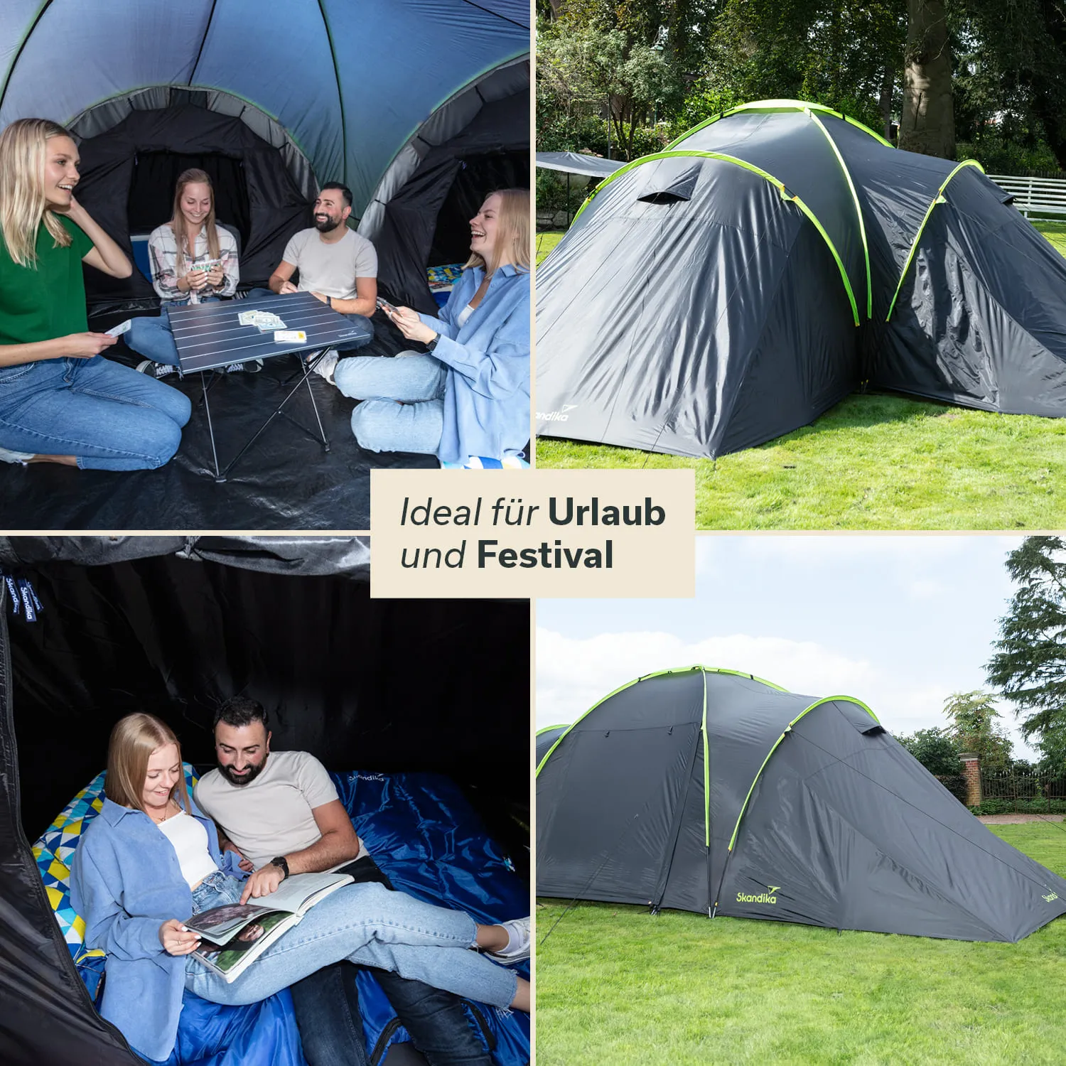 Zelt mit grünen Akzenten auf Wiese, innen Gruppen von Personen beim Spielen und Lesen, entspannte Atmosphäre.