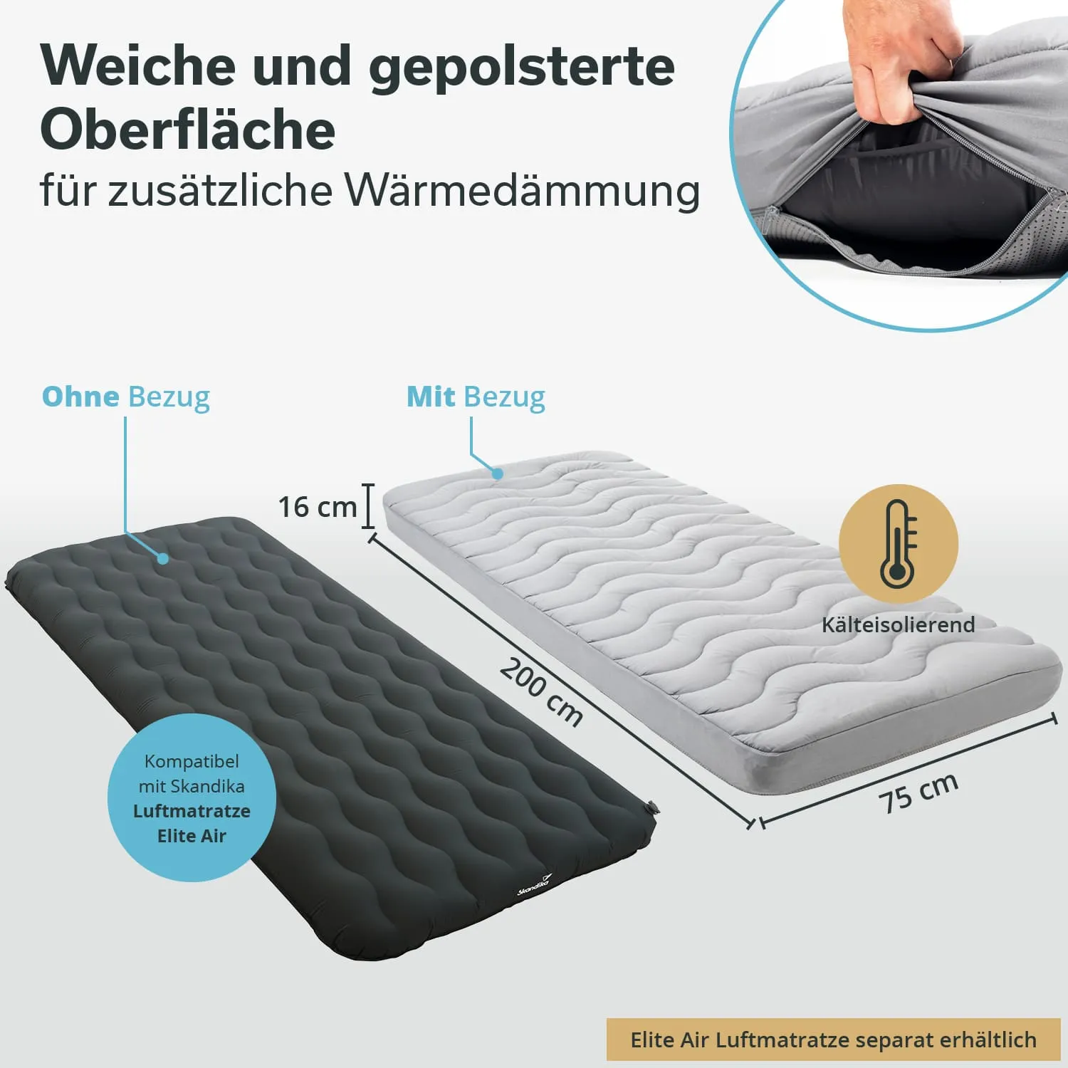 Zwei Luftmatratzen werden nebeneinander dargestellt. Die linke Matratze ist ohne Bezug, die rechte mit faltiger, grauer Oberfläche. Größenangaben sind sichtbar. Ein weiteres Bild zeigt den Bezug.