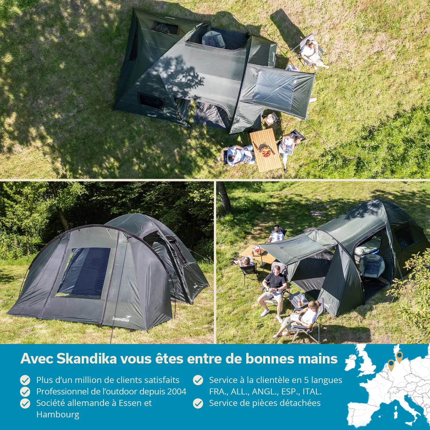 Drei Zeltanordnungen auf einer Wiese: Oben ein großes Zelt und ein Tisch mit Sitzenden, unten zwei Zelte und Personen, die entspannen.