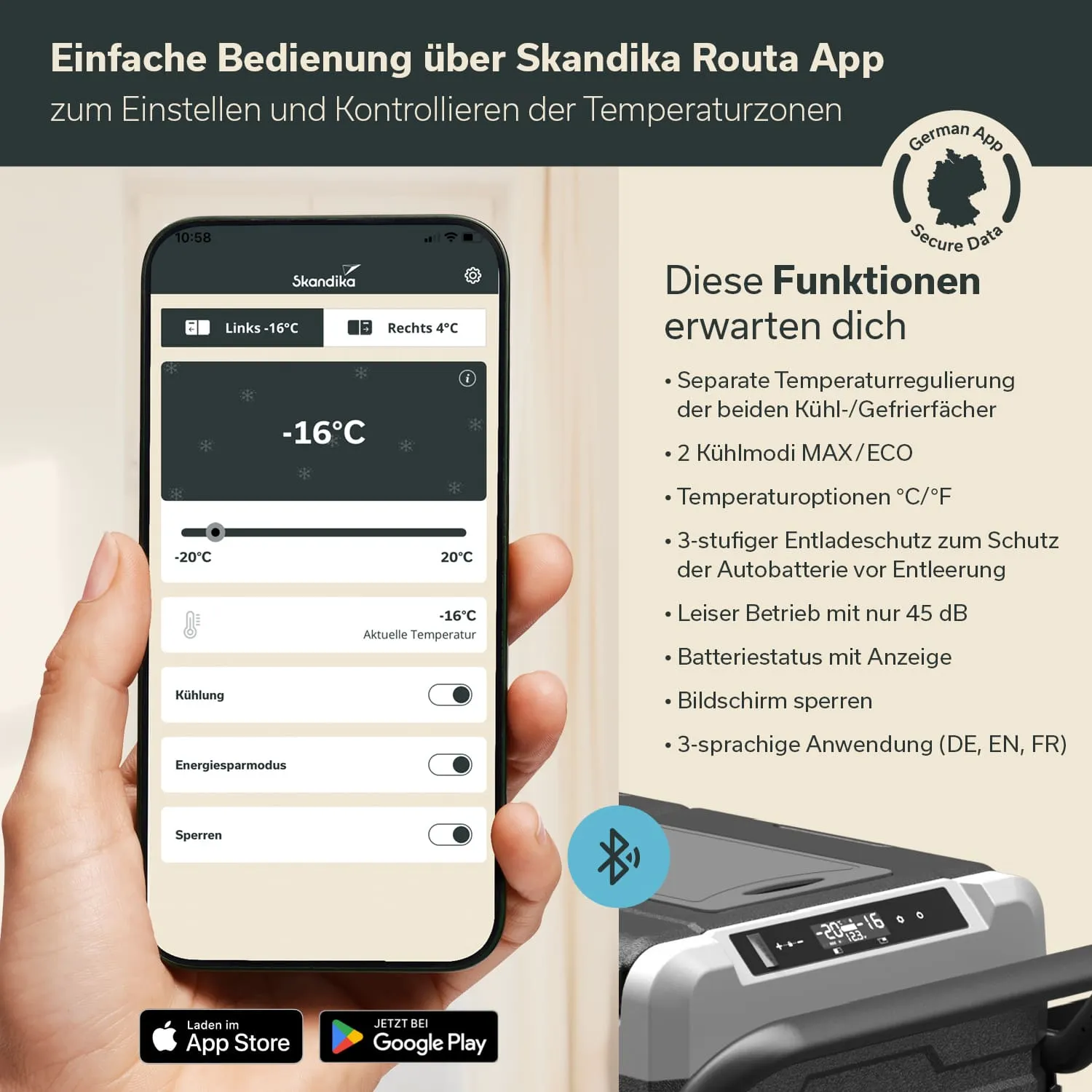 Smartphone mit Skandika Routa App zur Temperatureinstellung. Anzeige von Kühlmodi, Temperaturregulierung und Funktionen.