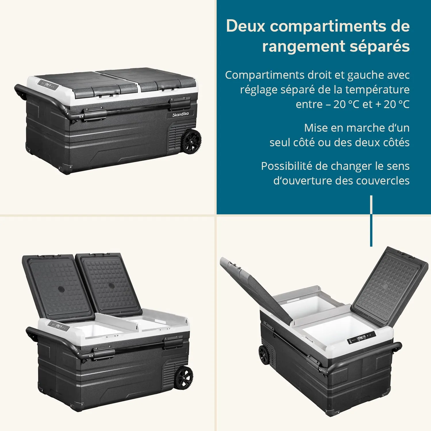 Kühlbox mit zwei separaten Fächern, Regler für Temperaturen von -20 °C bis +20 °C, Rollen und zwei abnehmbaren Deckeln.
