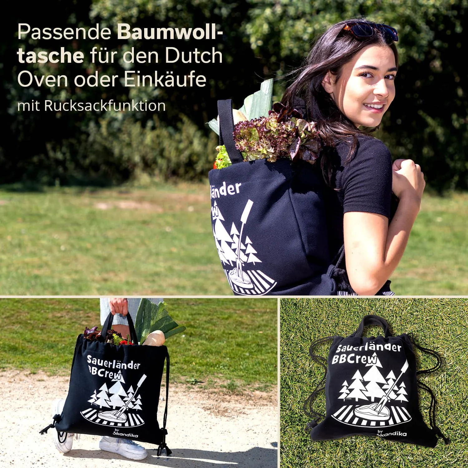 Baumolltasche mit Rucksackfunktion, gefüllt mit Gemüse, getragen von einer Person im Freien. Design mit Logo.