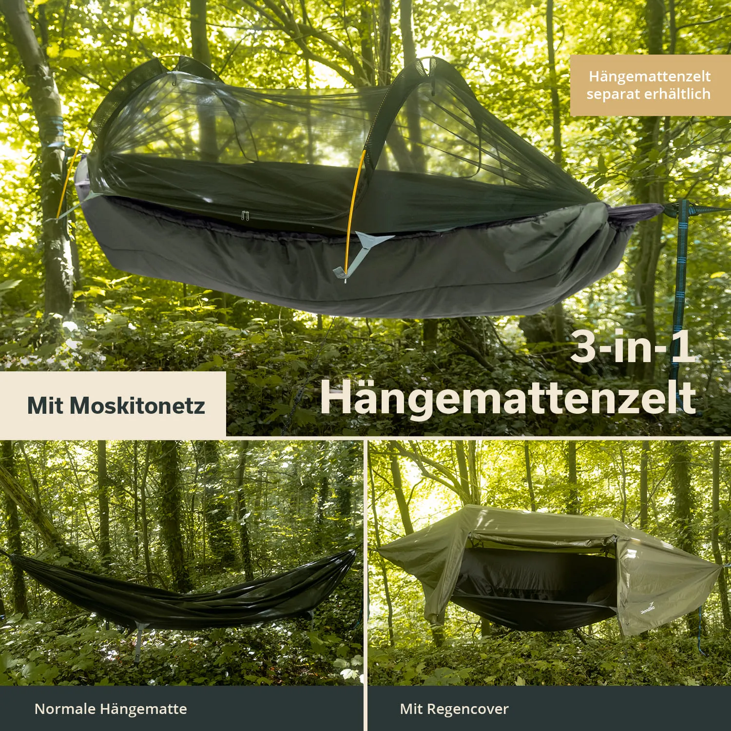 Hängemattenzelt mit Moskitonetz in einem Wald, daneben Darstellungen einer normalen Hängematte und einer Hängematte mit Regencover.