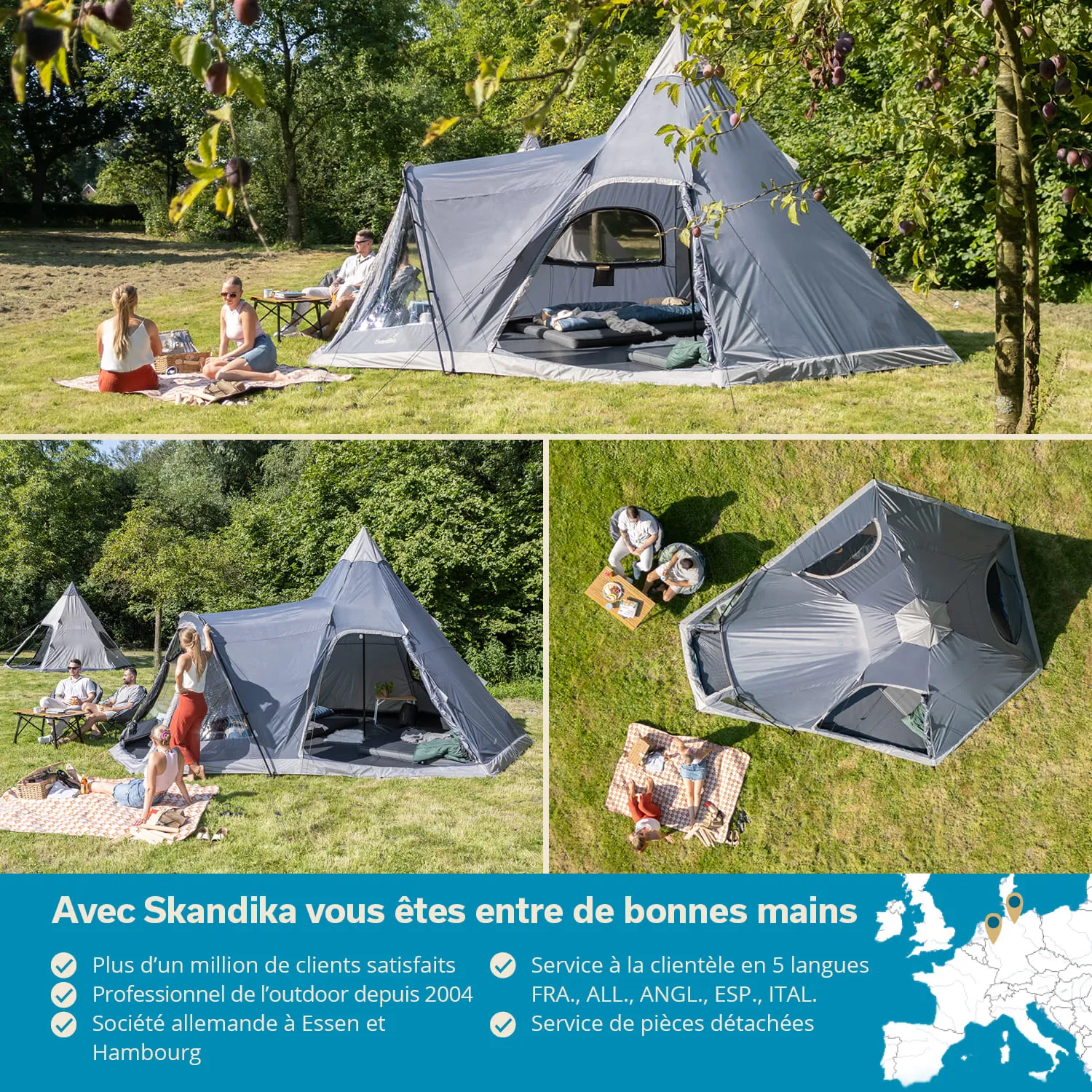 Zelt in der Natur mit grüner Umgebung. Personen sitzen auf einer Decke, essen und entspannen. Detailaufnahmen des Zeltes.