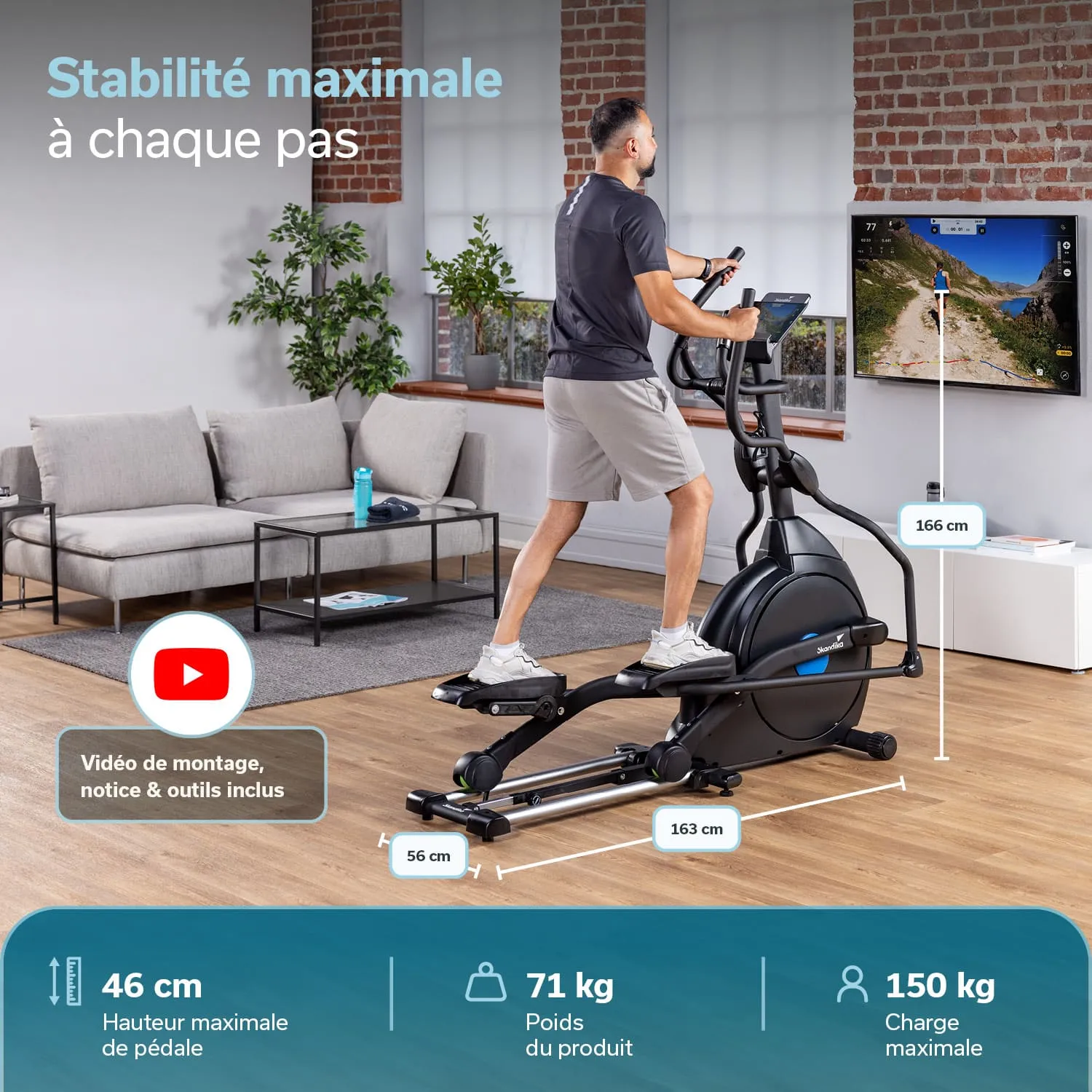 Eine Person steht auf einem Ellipsentrainer in einem modernen Raum mit einem Sofa und einem Fernseher im Hintergrund.