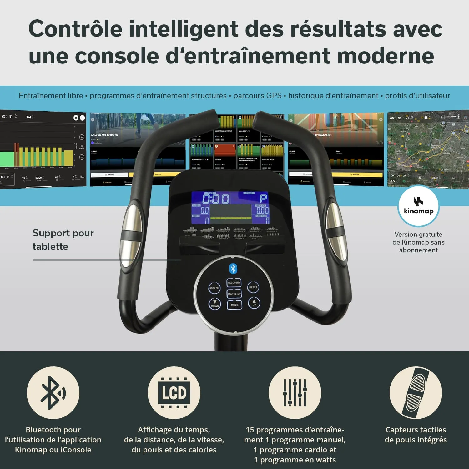 Moderne Trainingskonsole mit LCD-Display, Bluetooth-Funktion und Tablet-Halterung. Überblick über Trainingsprogramme und Statistiken.