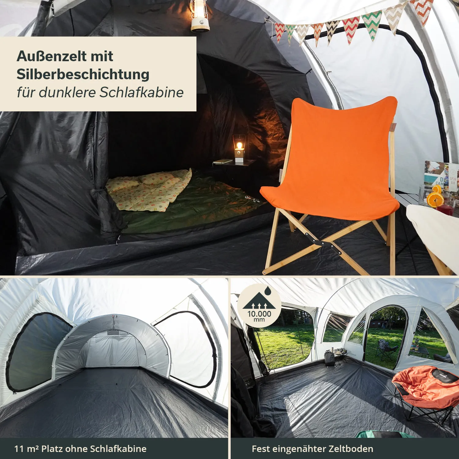 Zeltinnenseite mit schwarzem Stoff, orangefarbenem Stuhl, Bett mit Decke und LED-Lampe. Transparentes Außenzelt mit Fenstern.