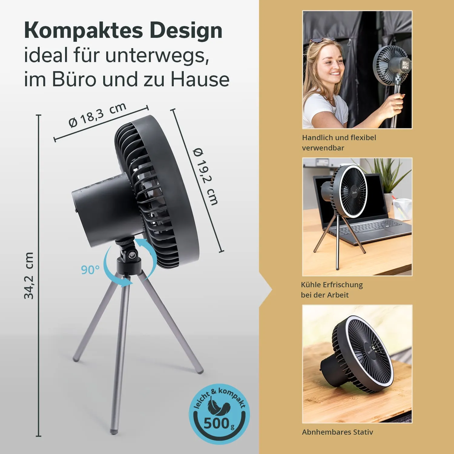 Ein Tischventilator mit kompaktem Design steht auf einem zusammenklappbaren Stativ. Er hat einen Durchmesser von 18,3 cm und eine Höhe von 34,2 cm. Die Seitenansicht zeigt die drehbare Funktion.