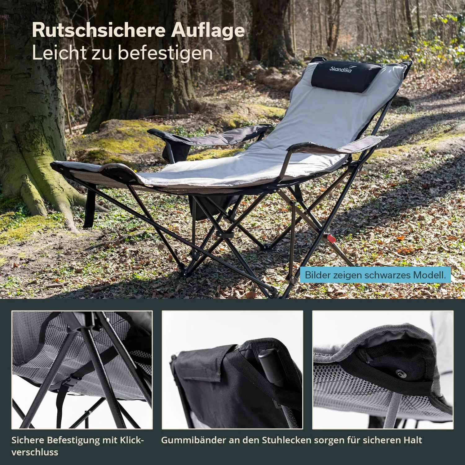 Lagerstuhl mit rutschfester Auflage im Freien, umgeben von Bäumen Detailansichten der Befestigungselemente.