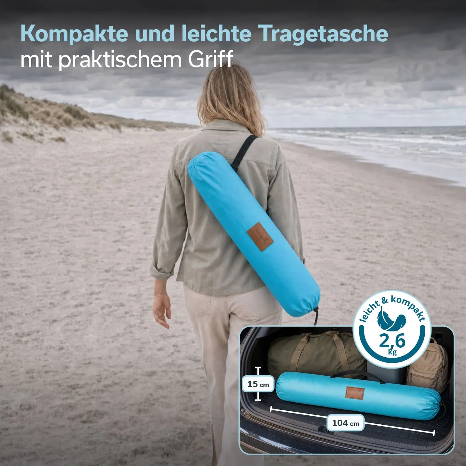 Zelt mit spezifischen Abmessungen und Angaben zur Höhe, Aufbauzeit und Gewicht. Informationen zu Schutzfaktoren und Packmaß.