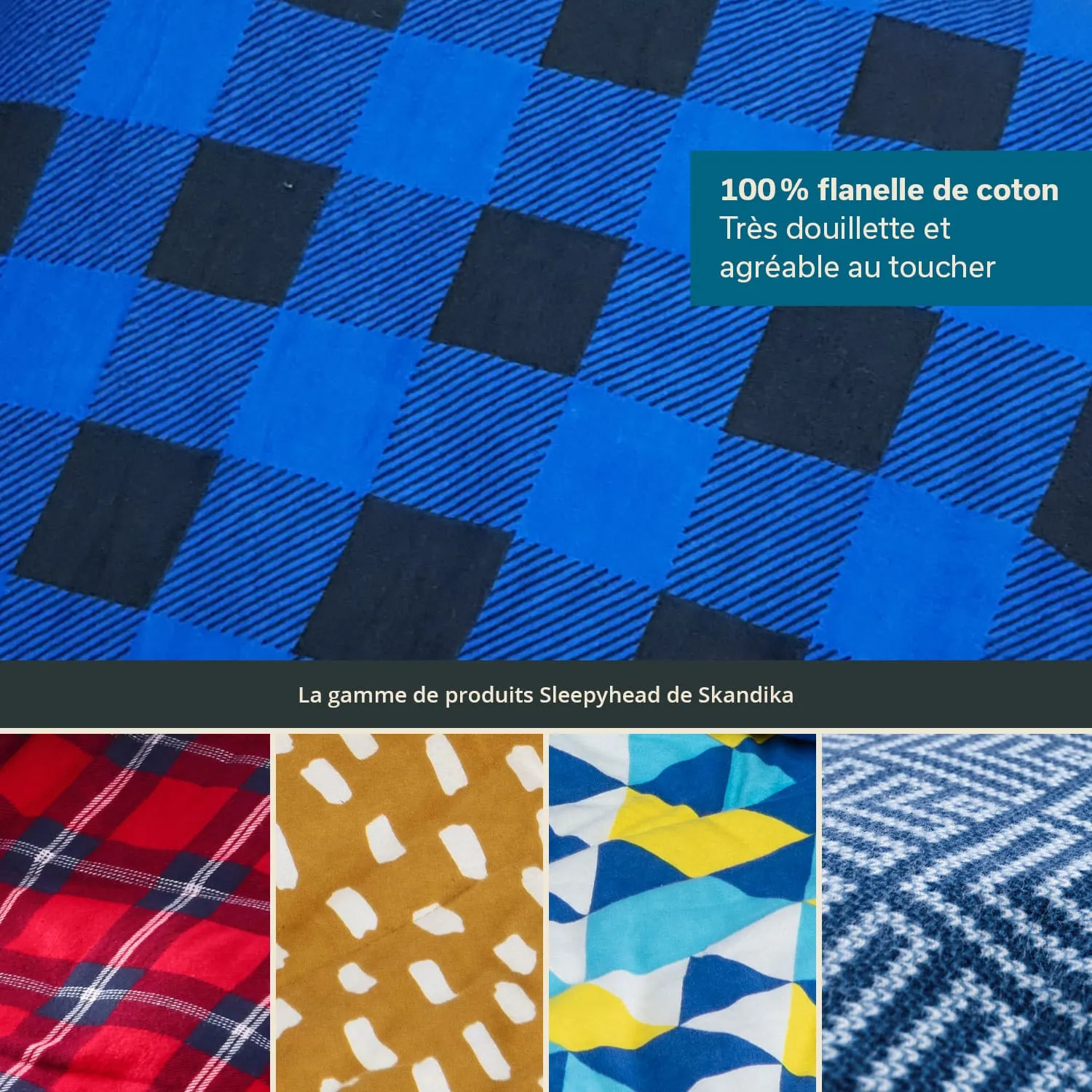 Stoffmuster in verschiedenen Farben: Blau und Schwarz mit Karomuster, Rot mit Karos, Gelb mit weißen Punkten und geometrische Muster in Blau und Gelb.