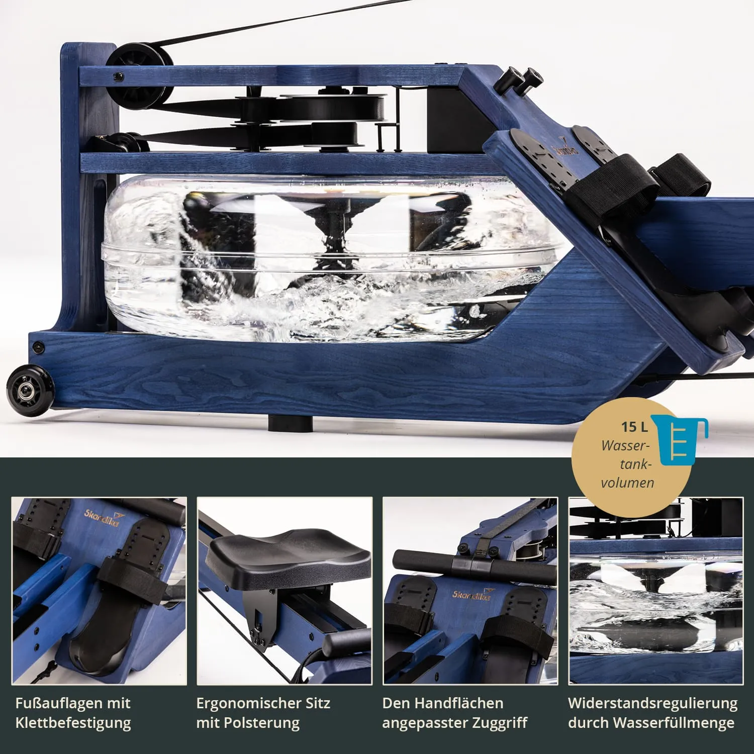 Wassertretgerät aus Holz mit transparentem Wassertank, Füßstützen und ergonomischem Sitz. Features detailliert angezeigt.