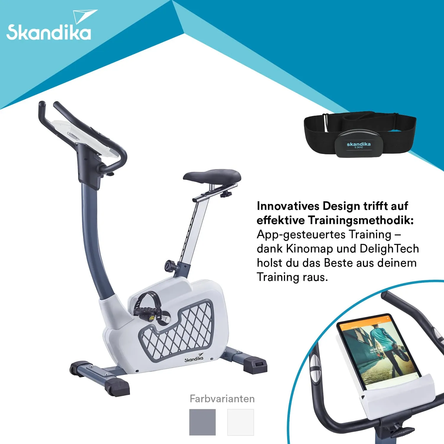 Ein stationäres Fahrrad in modernem Design mit einem Tablet-Halter und einem Herzfrequenzmessgerät. Farbvarianten sind sichtbar.