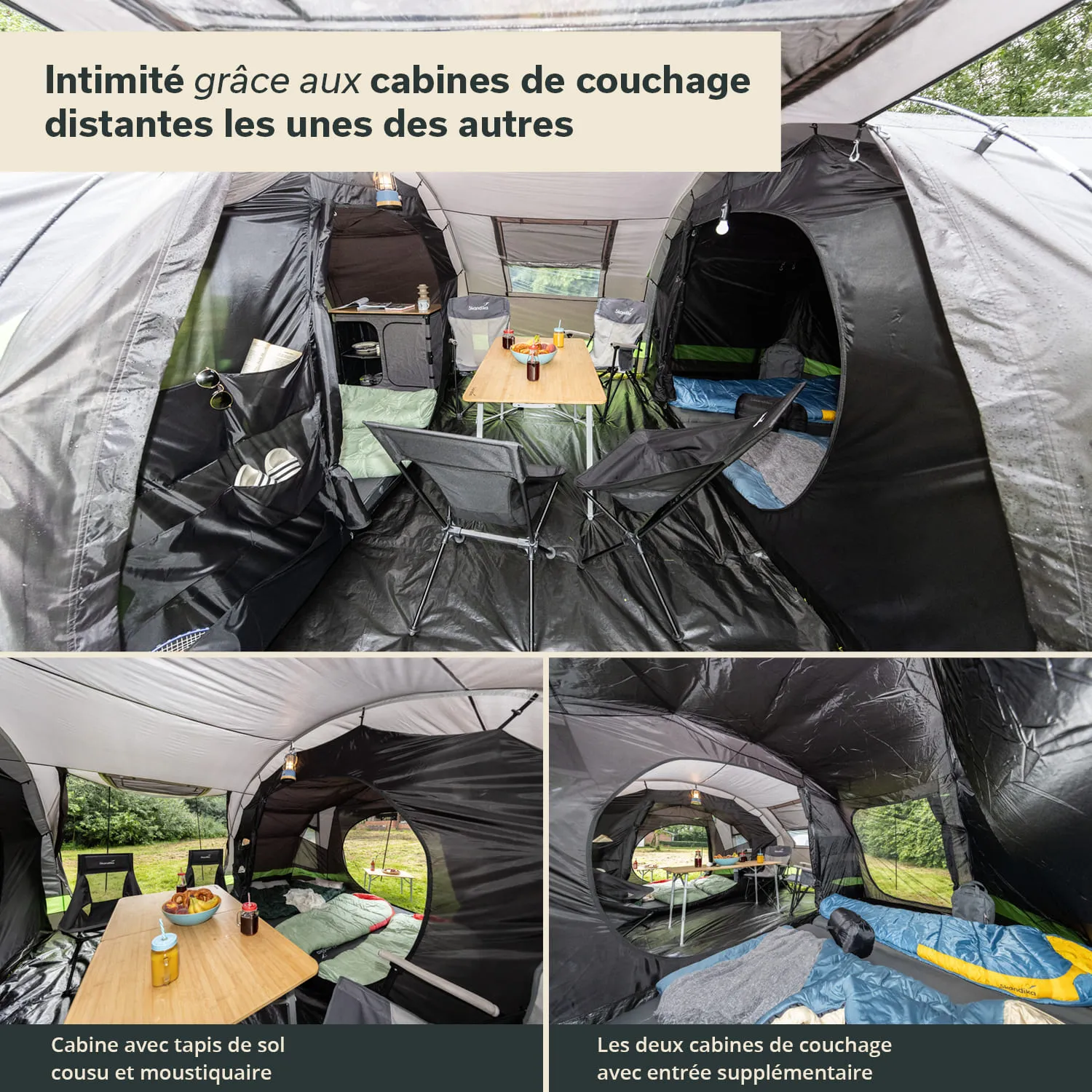 Zeltinneres mit zwei Schlafkabinen, Tisch, Stühlen und Ausblick auf die Natur. Boden ist schwarz und besteht aus Zeltmaterial.