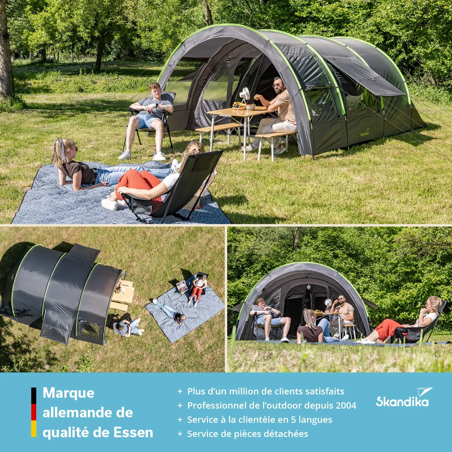 Zelt in grüner Wiese mit vier Personen, die auf Liegestühlen und einer Decke sitzen. Tisch neben dem Zelt.