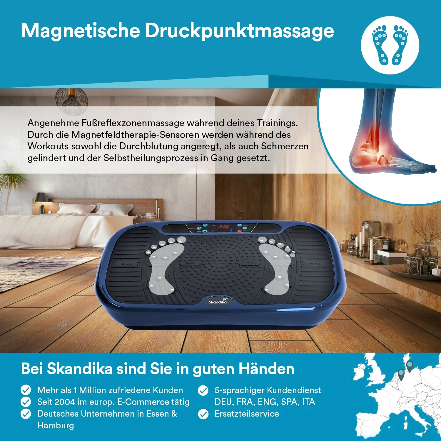Ein Massagegerät für Füße mit Sensoren und Kontrollelementen, platziert auf einem Holzboden in einem modernen Raum.