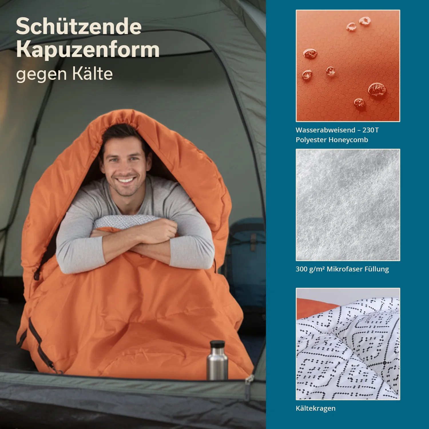 Orangene Schlafsack mit Kapuze, Person lächelt im Inneren, Wasserflasche neben sich, Zelt im Hintergrund, Informationstexte auf der Seite.