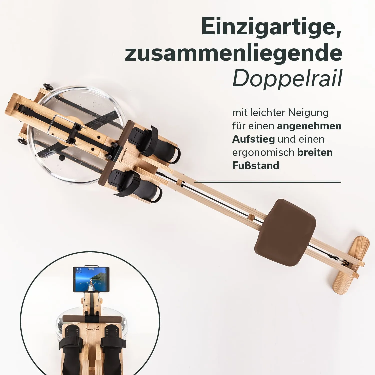 Rudergerät aus Holz, mit transparentem Wassertank, ergonomischer Sitzfläche und Halterung für ein Tablet.
