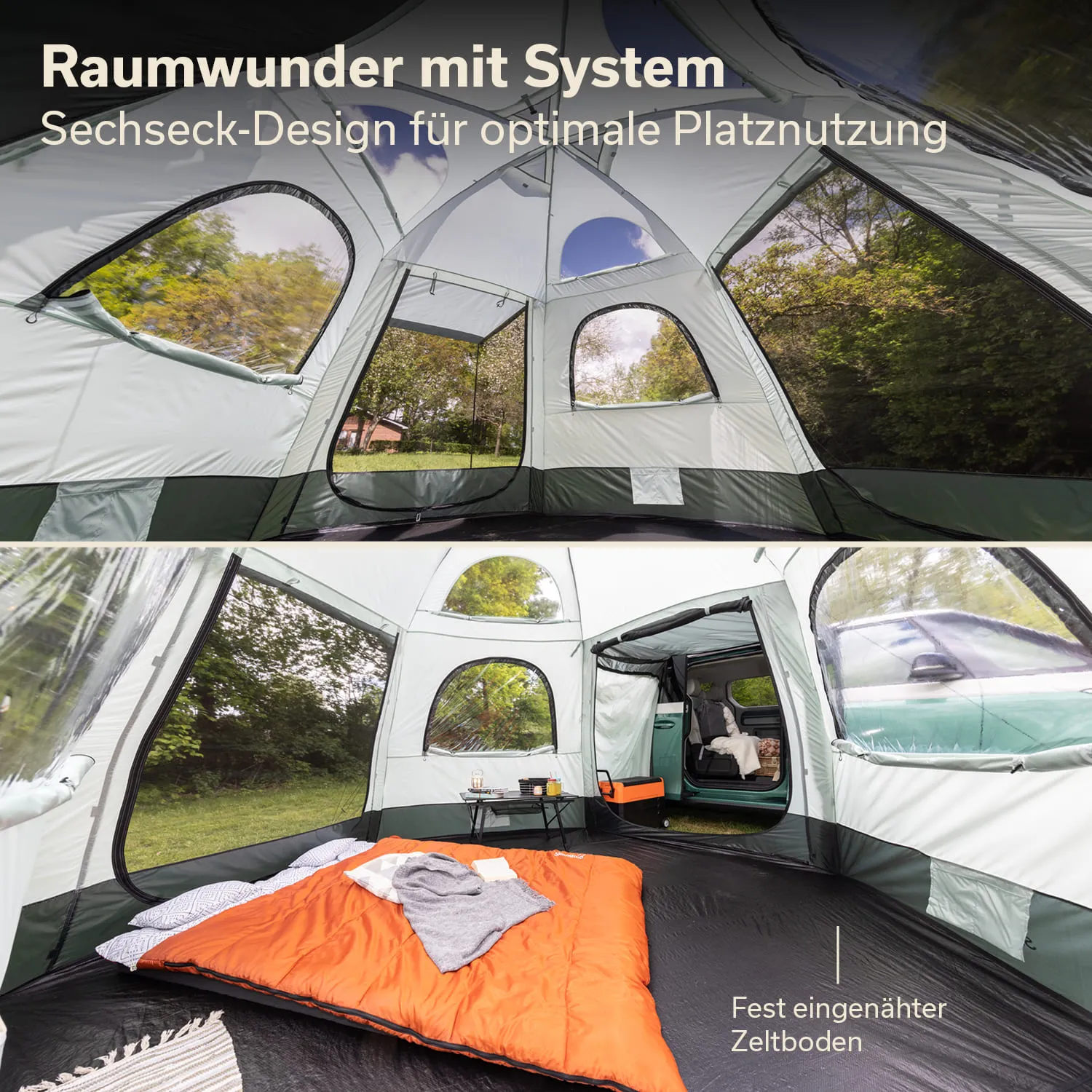 Geräumiges Zelt mit sechseckigem Design, großen Fenstern, Schlafbereich mit orangefarbener Decke und fest eingenähtem Zeltboden.