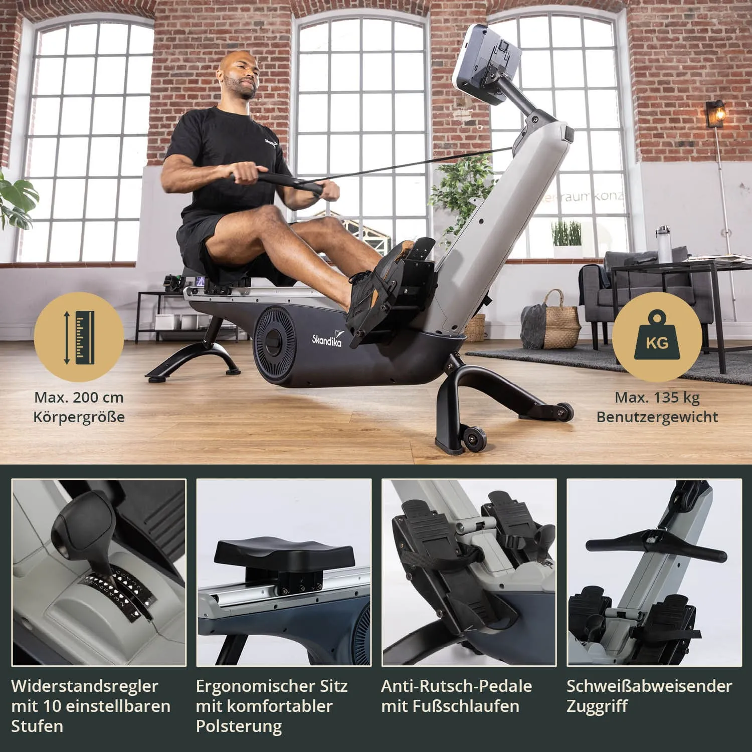 Rudergerät in einem modernen Raum mit großen Fenstern. Eine Person sitzt aktiv auf dem Gerät. Informationen über Körpergröße und Benutzergewicht sind vorhanden. Detailaufnahmen zeigen Widerstandsregler, ergonomischen Sitz, Anti-Rutsch-Pedale und Zuggriff.