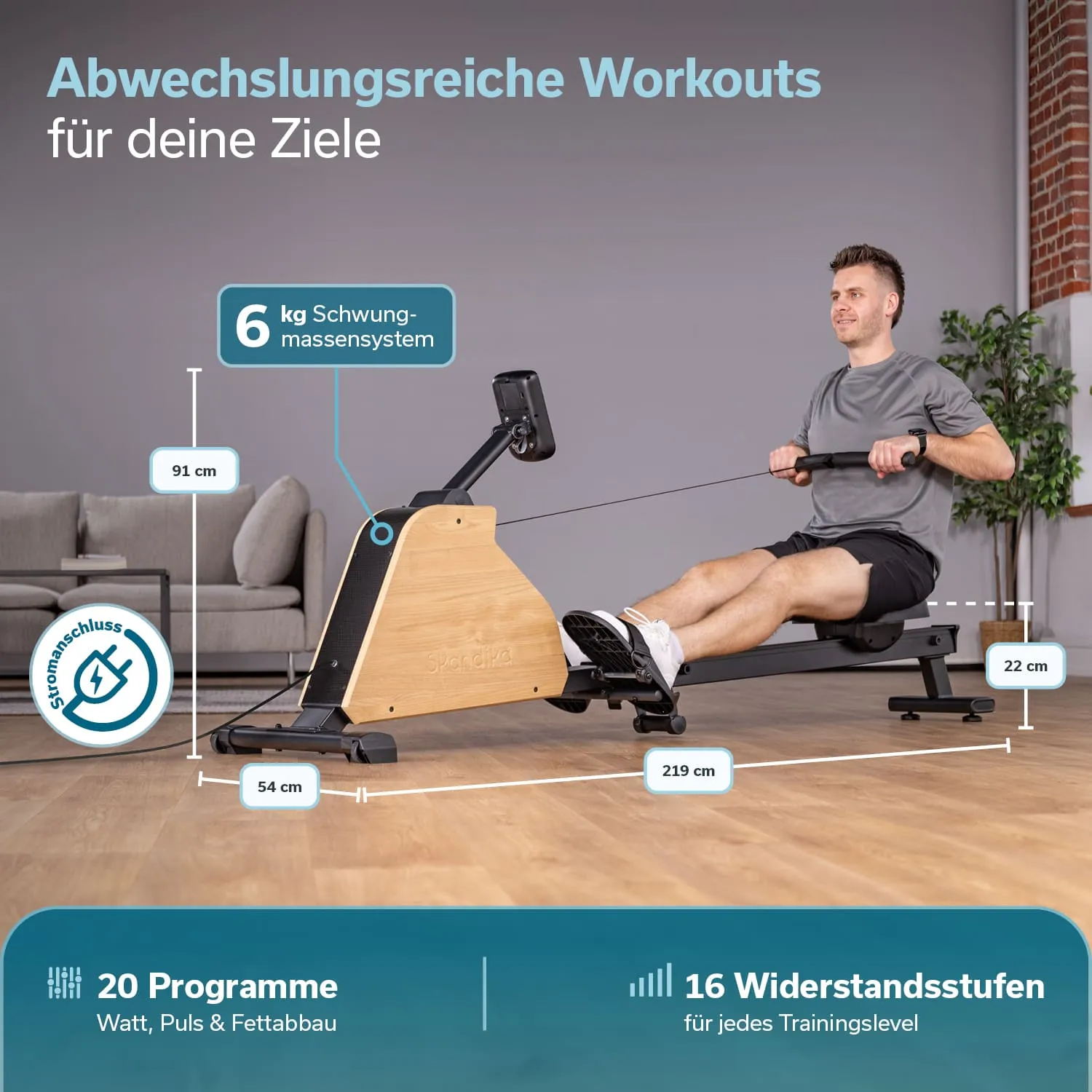 Rudergerät mit Holzdetails und Bildschirm. Person sitzt drauf, hält die Griffe. Informationen zu Dimensionen und Programmen daneben.