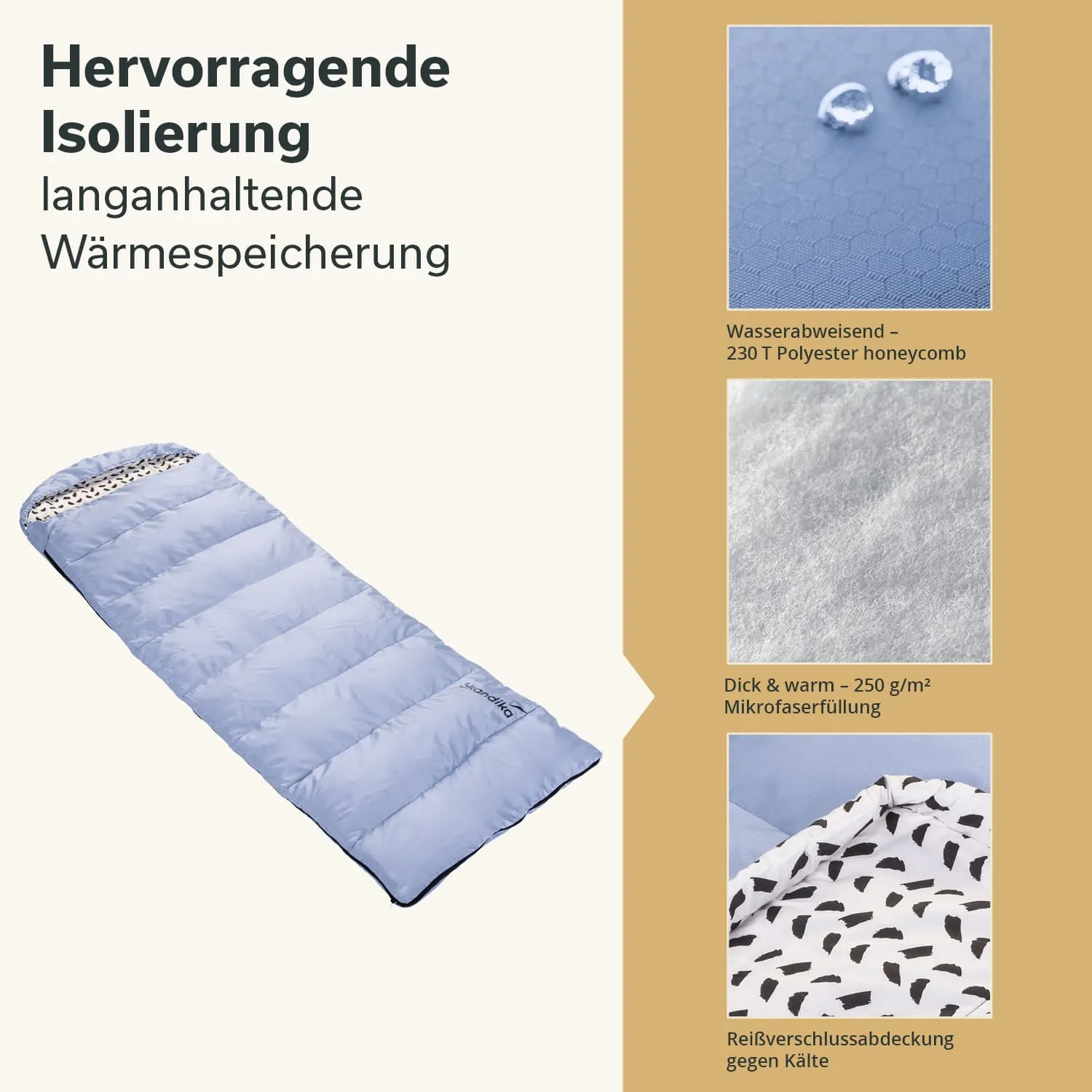 Schlafsack in hellblauer Farbe mit gestreifter Abdeckung. Informationen zu Isolierung und Materialien sind daneben aufgeführt.