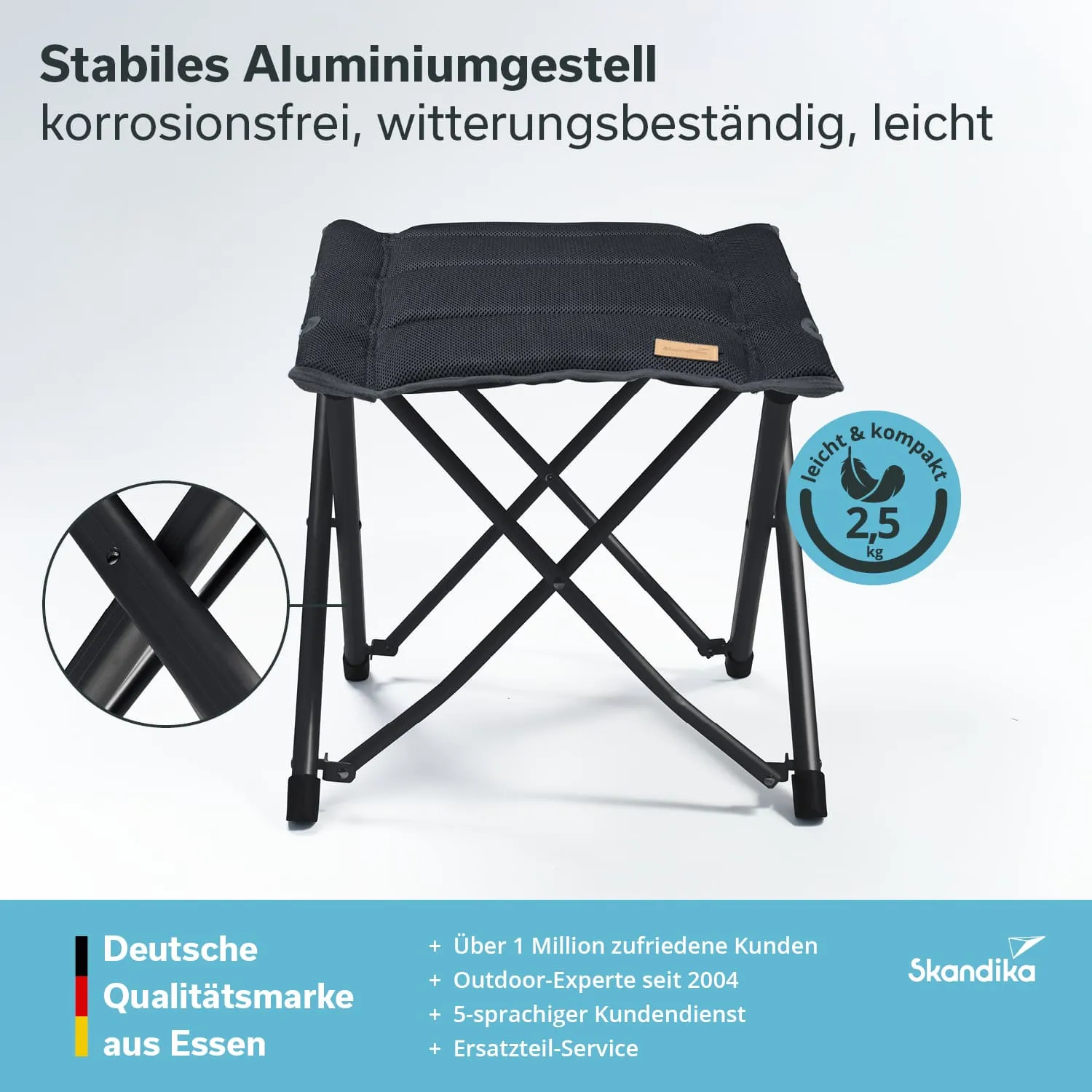 Schwarzer Klappstuhl mit stabilem Aluminiumgestell, korrosionsfrei und witterungsbeständig, auf hellem Hintergrund.