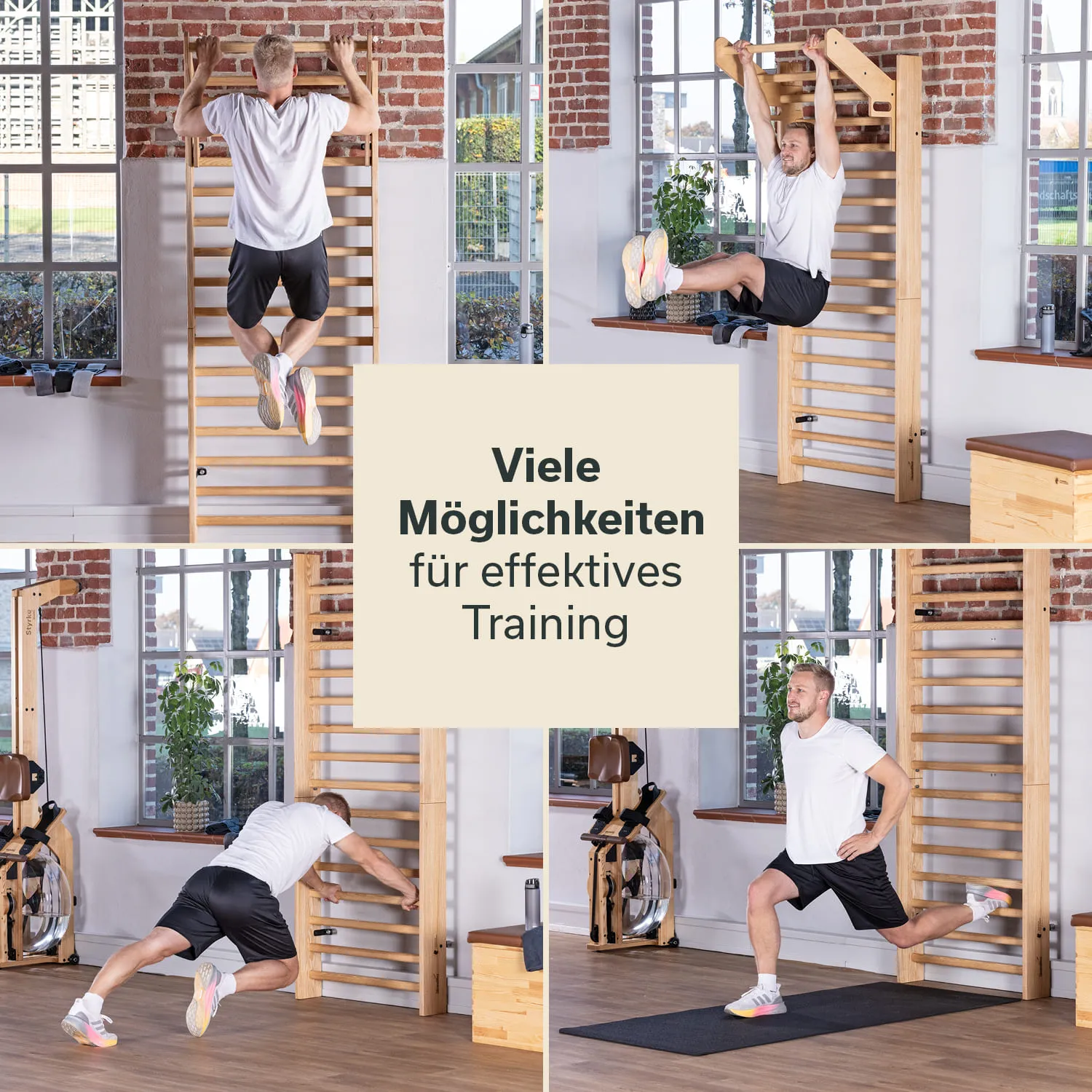 Ein Fitnessraum mit einem Holzgerät. Eine Person macht Klimmzüge, eine andere ist im Ausfallschritt, eine dritte sitzt mit angehobenem Oberkörper. Raum mit Fenster und Klettergerüst.