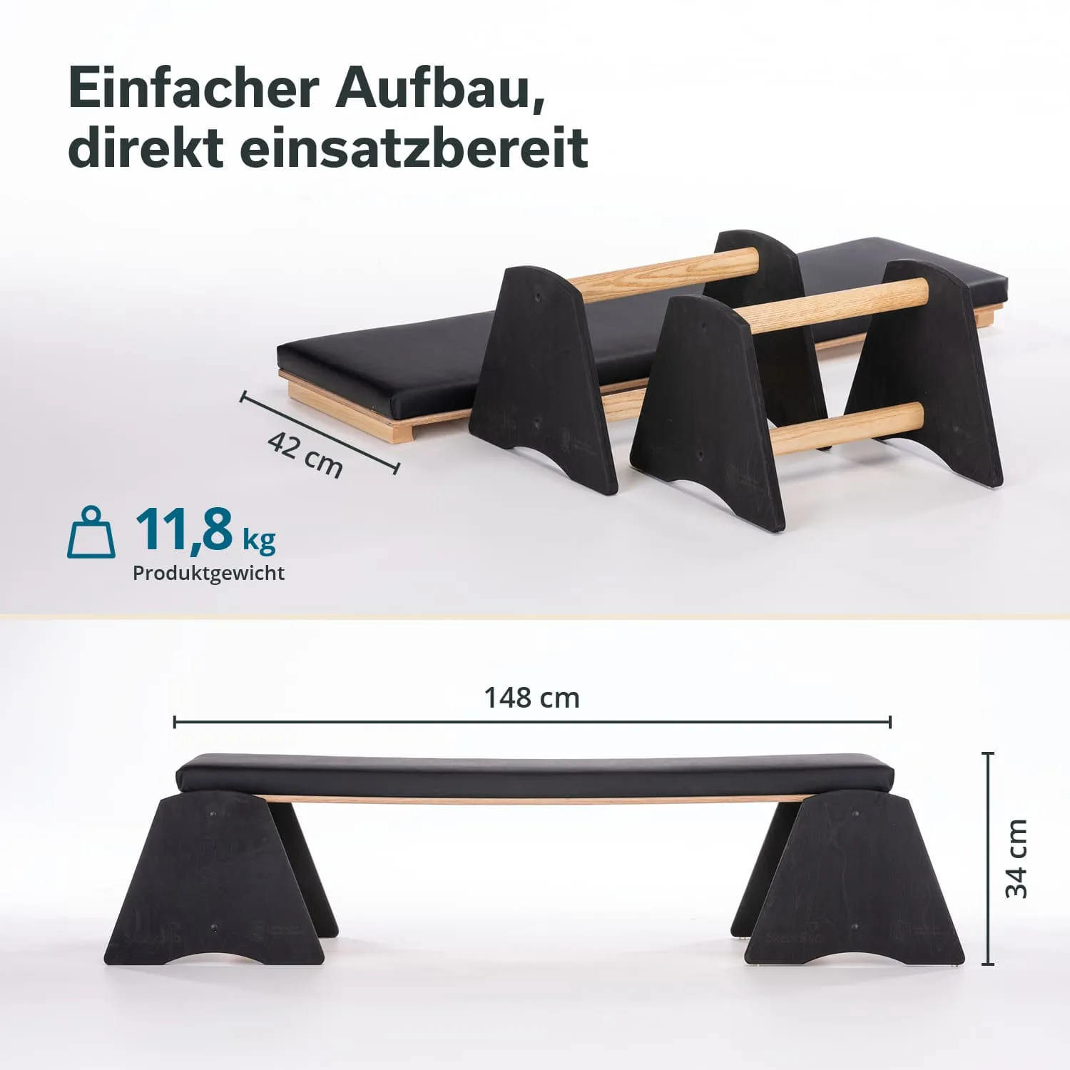 Bänkelement mit schwarzen Kanten und Holzverbindungen, abgebildet in zwei Perspektiven. Maße und Gewicht angegeben.