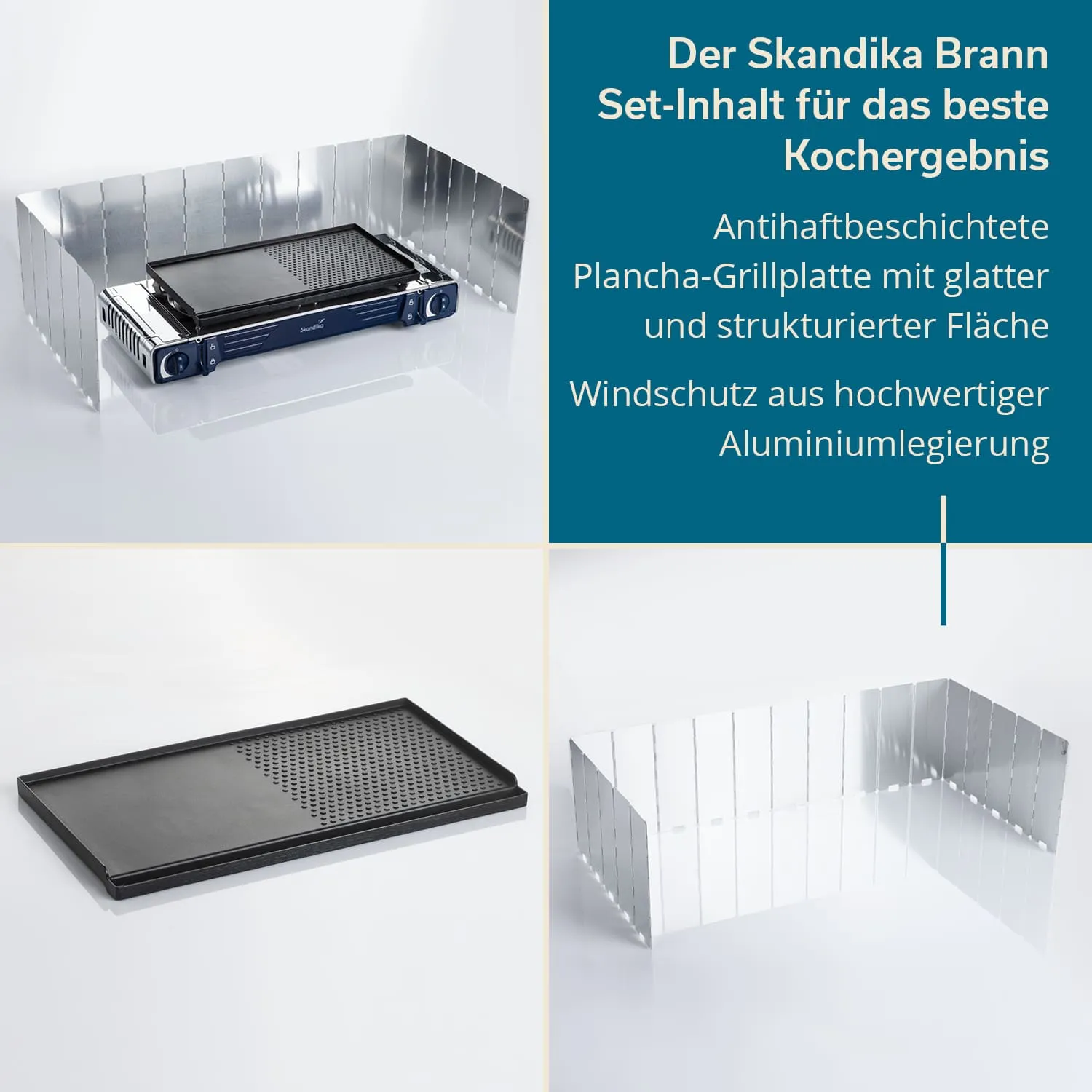 Schwarze Plancha-Grillplatte mit strukturierter und glatter Fläche, umgeben von einem Alu-Windschutz, auf hellem Hintergrund.