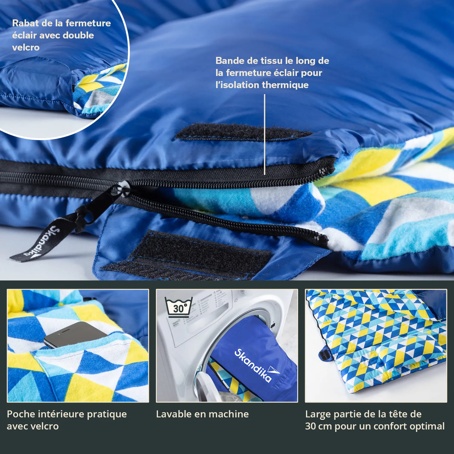 Blaues Schlafsackdesign mit buntem Innenfutter, Reißverschluss mit Velcro, Innentasche und Waschhinweisen.