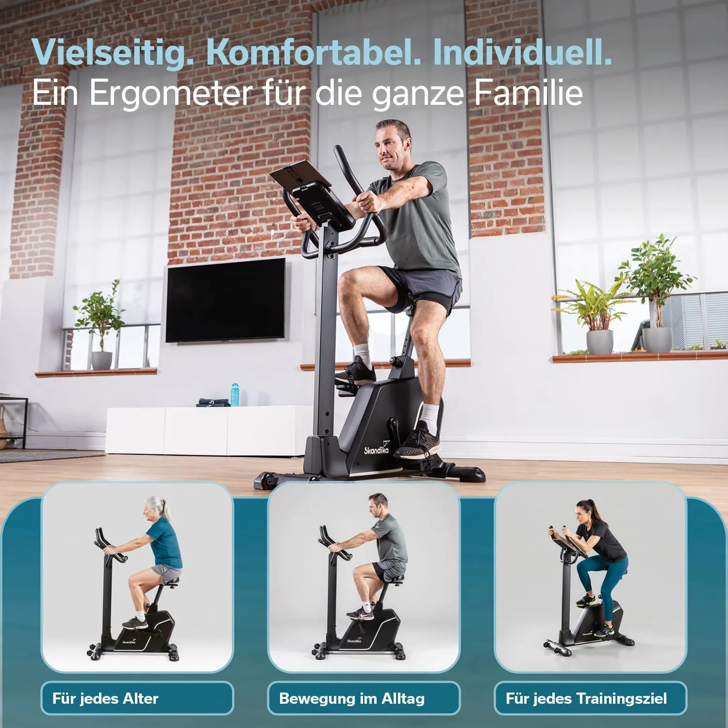 Ein Ergometer steht in einem Raum mit roten Ziegelwänden. Eine Person trainiert darauf. Drei weitere Bilder zeigen unterschiedliche Personen, die das Ergometer nutzen, jeweils in verschiedenen Positionen.